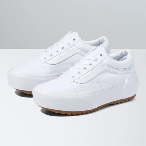 Vans Old Skool Stacked Platform Sneakers for Women in White Vans Authentic Platform, Tennis Vans, Old Skool Platform, Platform Vans, Vans Store, Women Platform Shoes, White Vans, Popular Shoes, High Top Vans