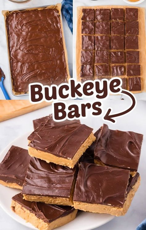 Buckeye Bars are soft no-bake desserts with a thick peanut butter base and topped with a chocolatey ganache. These chocolate peanut butter bars are so easy to make with just 5-ingredients and 10-minute prep! #dessert #recipes Buckeye Bars Recipe, Buckeye Bars, Chocolate Peanut Butter Bars, Peanut Butter Bars Recipe, Peanut Butter No Bake, Peanut Butter Chocolate Bars, Butter Bars, Dessert Bar Recipe, Peanut Butter Desserts