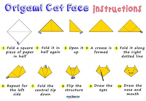 Origami Cat Face Origami Cat Tutorial, Origami Cat Face, Face Step By Step, Origami Animal, Paper Folding Crafts, Paper Cat, Calming Patterns, Face Ideas, Origami Ideas