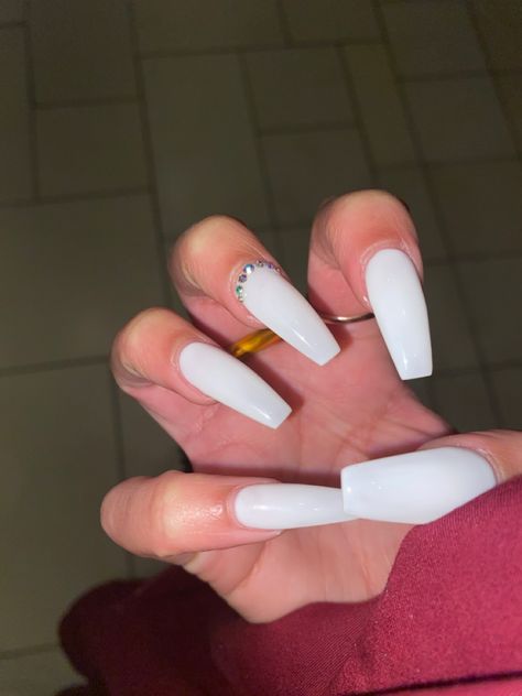 Milky White Coffin, Coffin Shaped Acrylic Nails, Acrylic Nails White, Milky White Nails, Nail Gems, Manicure Nail Designs, Nails White, White Nail, Gem Nails