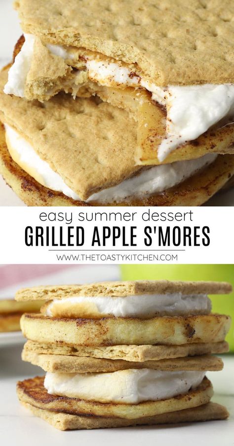 Grilled apple s'mores recipe by The Toasty Kitchen. Grilled apple s'mores make the perfect grilled treat for summer and fall. Sliced cinnamon apples are grilled until soft and sandwiched between graham crackers with a toasted, gooey marshmallow. #grilledapplesmores #smores #applesmores #smoresrecipe #grilledapples #dessert #grilling #recipe Apple Smores, Fruit Smores, Summer Vegetable Recipes, Summer Fruit Recipes, Grilled Recipes, Favorite Holiday Desserts, Solo Stove, Grilled Desserts, Smore Recipes