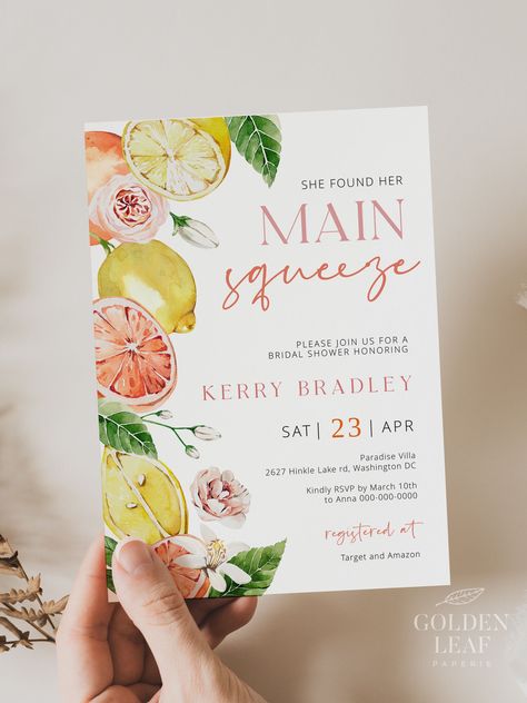 Lemon Invitations, Watercolor Menu, Bridal Party Invitations, Squeeze The Day, Main Squeeze, Bridal Shower Invitations Templates, Invitation Floral, Bridal Brunch, Bridal Shower Theme