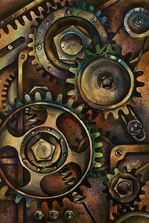 Design 3 Michael Lang, Industrial Paintings, Arte Steampunk, Biomechanical Tattoo, Beton Design, Gear Art, Mechanical Art, Steampunk Design, Gcse Art