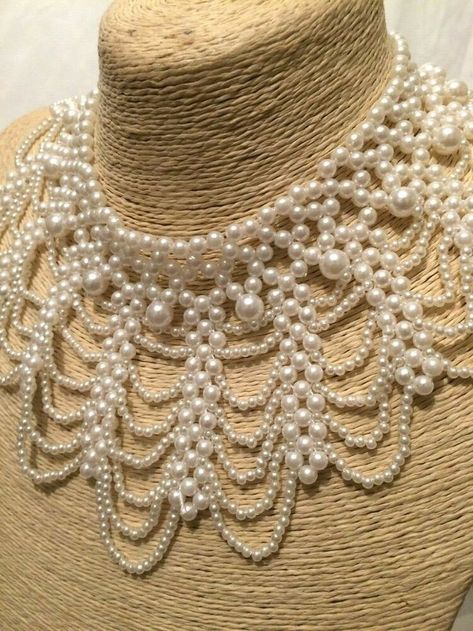 Facial Jewelry, Pearl Jewelery, Big Pearl Necklace, Diy Fabric Jewellery, Pearl Embroidery, Big Necklace, Pearls Diy, Collar Choker, Necklace Layered