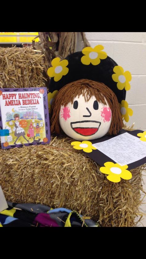 Amelia Bedelia painted pumpkin Amelia Bedelia Pumpkin, Amelia Bedelia Pumpkin Character, Pumpkin Story, Book Character Pumpkins, Story Book Pumpkin, Character Pumpkins, Creative Pumpkin Decorating, Pumpkin Books, Pumpkin Decorating Contest