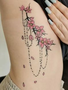 Leg Tattoos Cherry Blossom, Rib Cherry Blossom Tattoo, Cherry Blossom Tattoo Side Ribs, Japanese Cherry Blossom Tattoo Thigh, Cherry Blossom Henna, Cherry Blossom Underboob Tattoo, Cherry Blossom Rib Tattoo, Bum Tattoo Women, Cherry Blossom Tattoos