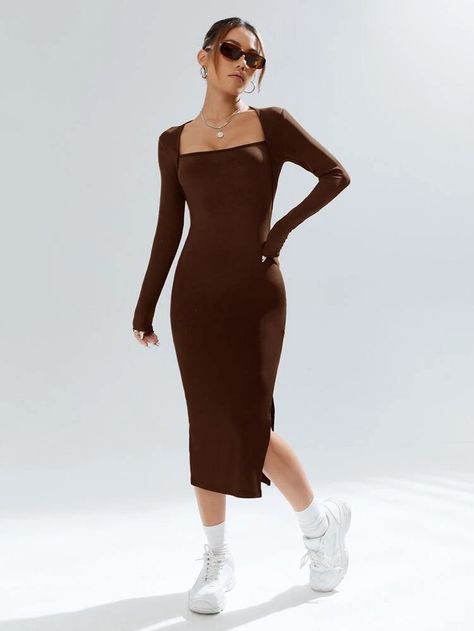 Long Bodycon Dress Outfit Casual, Tight Dress Outfit Casual, One Piece Dress Knee Length, Brown Fitted Dress, Brown Dresses Outfit, Long Tight Dress, Middy Dress, Brown Bodycon Dress, Lounge Dresses