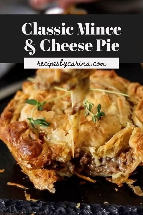 There’s nothing more comforting than a cosy Mince and Cheese Pie. Crispy Flaky Pastry, Savoury Beef Mince and Melted Cheddar Cheese are a truly a perfect match! Dinner For Christmas, Minced Beef Pie, Savoury Mince, Cheese Pie Recipe, Mince Pie Recipe, Mincemeat Pie, Minced Beef Recipes, Meat Pie Recipe, Savory Pies Recipes