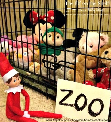 Elf on the Shelf Ideas | Zookeeper Elf on Frugal Coupon LIving. This idea and daily funny elf on the shelf ideas - 100s of ideas. Timmy Time, Awesome Elf On The Shelf Ideas, Elf Magic, Elf Props, Elf Activities, Xmas Elf, Zoo Keeper, Elf Antics, Elf Fun