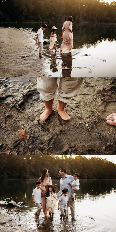 Family Mud Photoshoot, Mud Family Photoshoot, Lake House Family Photoshoot, Creekside Family Photos, Fun Unique Family Photoshoot Ideas, Family Photos In A Creek, Fall Family Photos By Lake, Family Photos By The Lake, Summer Creek Family Photos