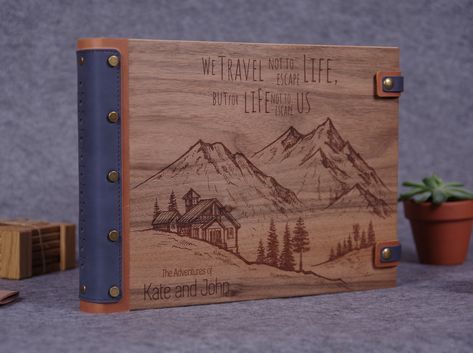 Our Adventure Book, Personalized Photo Album, Mountain, Travel Scrapbook, Gift for Couple, Walnut wood, Memory Book, Free wooden gift box by TintaMarrone on Etsy Self Adhesive Photo Albums, Handmade Photo Album, Mather Day, Our Adventure Book, Travel Photo Album, Handmade Photo Albums, Personalized Photo Albums, Scrapbook Photo Album, Mini Photo Albums