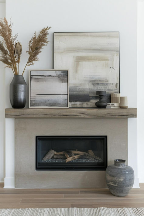 40 Unique Modern Mantel Decor Ideas to Transform Your Fireplace Modern Fireplace Mantle Decor, Modern Mantel Decor, Modern Fireplace Mantle, Modern Fireplace Decor, Fireplace Modern Design, Fireplace Accent Walls, Unique Decor Ideas, Modern Mantel, Minimalist Fireplace