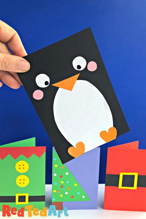 Red Ted Art's Super Simple Penguin Card Design as part of the Quick Christmas Card Series! We have 10 great super simple designs for you, that you can all make in less than 5 minutes (many are in fact 2 minute crafts, perfect for a Christmas Card Production Line if you have many to send). We love nothing more than a personalised handmade card for friends and family! Christmas Cards Handmade Kids, Penguin Card, Red Ted Art, Create Christmas Cards, Christmas Cards Kids, Simple Christmas Cards, Christmas Card Art, Homemade Christmas Cards, Christmas Card Crafts