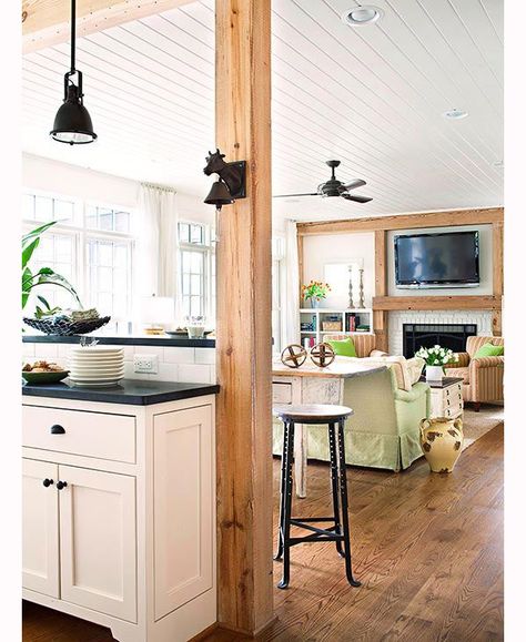 Kitchen Island With Columns, Open Concept Kitchen And Living Room, Open Kitchen And Living Room, Kitchen Open, White Fireplace, Subway Tiles, Wooden Beams, Open Concept Kitchen, Natural Home Decor