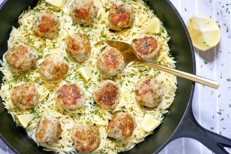 Easy Greek Chicken Meatballs with Lemon Orzo - Braes Bites Greek Chicken Meatballs, Greek Meatballs Recipe, Easy Greek Chicken, Dry Spices, Mediterranean Recipes Healthy, Lemon Orzo, Greek Meatballs, How To Cook Orzo, Meatball Recipes Easy