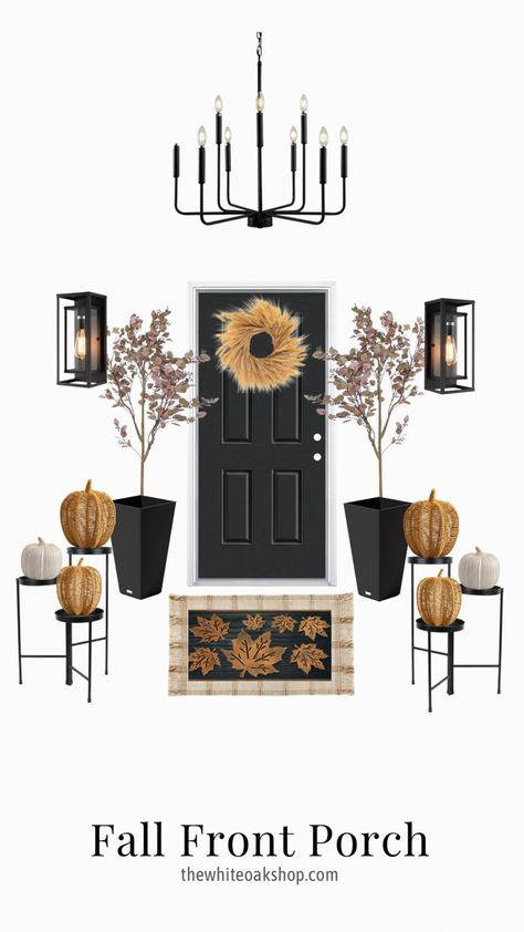 Neutral Fall front porch Front Porch Design Ideas, Pottery Barn Pumpkin, Pottery Barn Black, Modern Front Porches, Porch Design Ideas, Modern Thanksgiving, Front Stoop, Indoor Chandelier, Front Porch Design