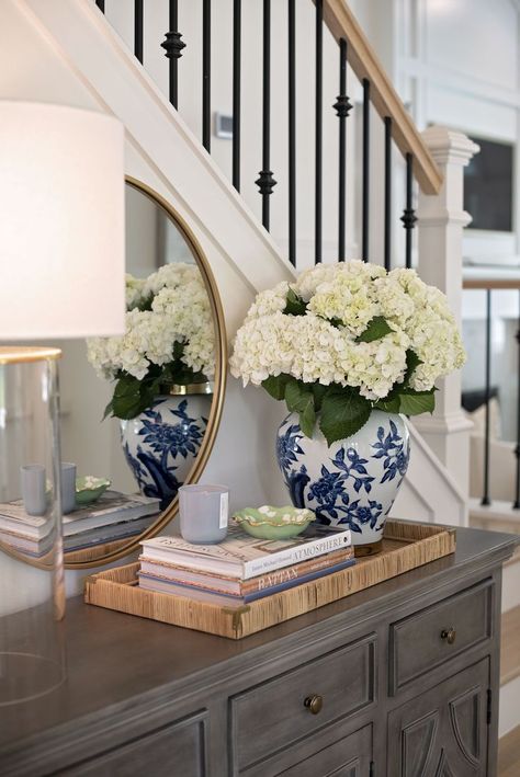 https://pin.it/3uzBRjHJK Entry Table Tray, Chinoiserie Entry Table, Console Tray Decor, Console Table Next To Stairs, Chinoiserie Farmhouse Decor, Grand Millenial Foyer, Small Console Styling, How To Add Seating In Small Living Room, Chinoiserie Vase Decor