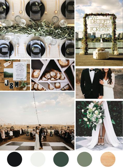 Modern Black and White Wedding with Boho Flair Black Scheme Wedding, Green And Black Wedding Color Palette, Black White Boho Wedding, Green White Gold Black Wedding Color Palettes, Black White Gold Green Wedding, Black And White Boho Wedding, Wedding Color Schemes Gold, Black Boho Wedding, Green Fall Weddings