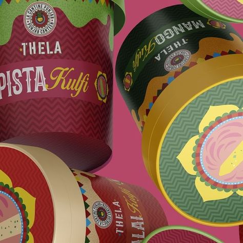 Jasreen Sachdeva | Brand Designer & Strategist 🇮🇳🇨🇦 on Instagram: "Thela Kulfi Packaging Design

Tradition Meets Modernity: Kulfi Packaging That Speaks

The packaging designs of ‘Thela: Kulfi’ honor the rich heritage of Indian sweets while embracing modern aesthetics. Each package is a blend of cultural motifs and contemporary flair, creating a visual experience that’s as rich as the flavors inside. Discover the art and idea behind each design!

#packaging #branding #jasmytype
#indianbrands #montreal #kulfi #indianicecream #desicontent #foodandbeverage #fnbpackaging" Indian Ice Cream, Packaging Designs, Indian Sweets, Design Packaging, Brand Designer, Modern Aesthetics, Montreal, Packaging Design, Branding Design