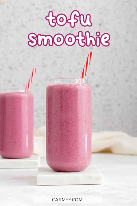 Smoothies With Tofu, Tofu Smoothie Recipes, Tofu In Smoothies, Silken Tofu Smoothie, Strawberry Smoothie With Protein Powder, Frozen Fruit Smoothie Recipes, Vegan Strawberry Banana Smoothie, Tofu Protein, Tofu Smoothie