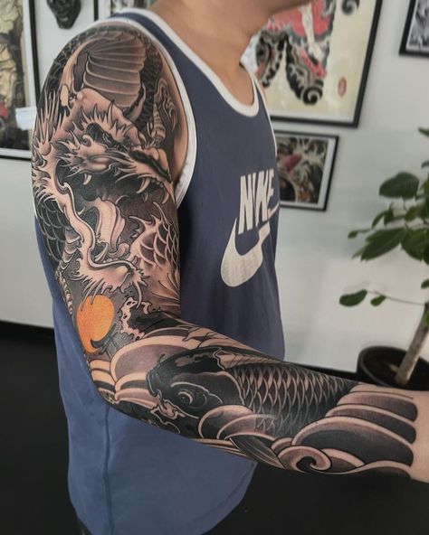 Japanese Style Tattoo Sleeve Men, Traditional Japanese Dragon Sleeve, Neo Japanese Tattoo Sleeve, Japanese Wind Bars Tattoo, Japan Tattoo Sleeve For Men, Japanese Tattoo Forearm, Irezumi Tattoos Sleeve, Japanese Style Tattoo Sleeve, Japanese Sleeve Tattoos For Guys