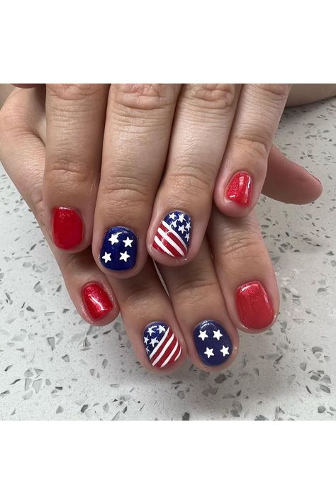 Line Nail Designs, Acrylic Nails Nude, Short Fake Nails, Press On Nails Short, Red Acrylic Nails, Blue Acrylic Nails, Fingernail Polish, 4th Of July Nails, Polish Ideas