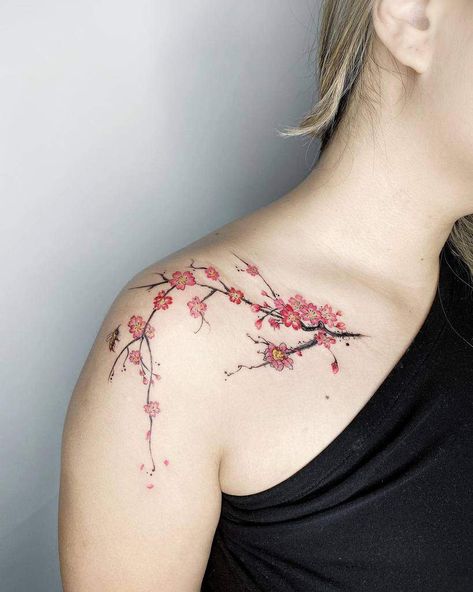 Botanical Tattoo Design, Shoulder Cap Tattoo, Flower Shoulder Tattoo, Skeleton Hand Tattoo, Back Of Shoulder Tattoo, Flower Tattoo Shoulder, Shoulder Tattoos, Shoulder Tattoos For Women, Blossom Tattoo