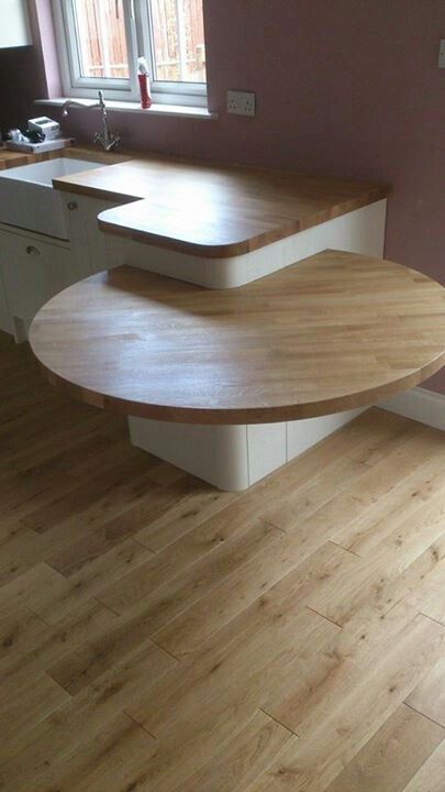 Floating table Floatimg Table, Built In Island Table, Floating Table Kitchen, Kitchen Island With Banquette Seating Floating, Table Around Post, Counter Height Table In Kitchen Floating, Floating Bar Table Marble, Small Kitchen Ideas On A Budget, Diy Furniture Building