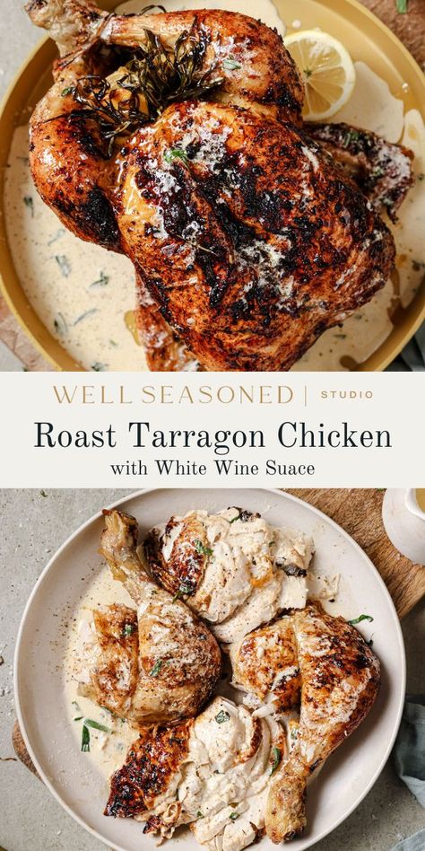 Roast Tarragon Chicken with Crispy Skin! Roast Chicken Seasoning, Sunday Roast Chicken, Tarragon Chicken, White Wine Sauce, Roast Chicken Recipes, Soup Dinner, Broth Recipes, Lunch Salads, Roast Chicken