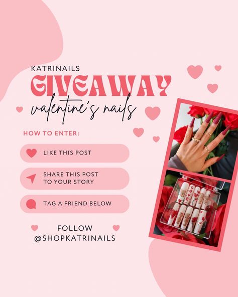 💅🏼KatriNails Valentine Nails Giveaway🌹 To enter 1.Follow @shopkatrinails ✨ 2.Share this Post 💖 3.Tag a nail lover or a bestie 🫶🏼 There will be 3 winners! Winners will be announced in a couple of days! If you haven’t tried KatriNails ✨ This is the perfect time to get your own custom press on nails 🤩 Nail Giveaway Ideas, Nail Giveaway Post Ideas, Giveaway Ideas, Giveaway Post, Custom Press On Nails, Valentine Nails, Valentine's Day Nails, Valentines Nails, Nail Tech