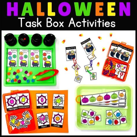 Halloween Task Box Ideas for preschool, preK and kindergarten students! Easy and Fun Halloween activity Ideas for kids Halloween Task Boxes, Pop It Printable, Halloween Activities For Preschool, Halloween Stations, Kindergarten Halloween, Bubble Candy, Halloween Activities Preschool, Dream Classroom, Halloween Resources