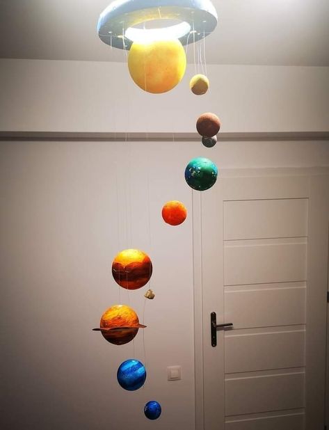 Planet Hanging Decor, Paper Mache Planets Solar System, Science Room Decor, Planet Mobile, Solar System Projects For Kids, Planet Crafts, Science Room, Solar System Projects, Solar System Crafts