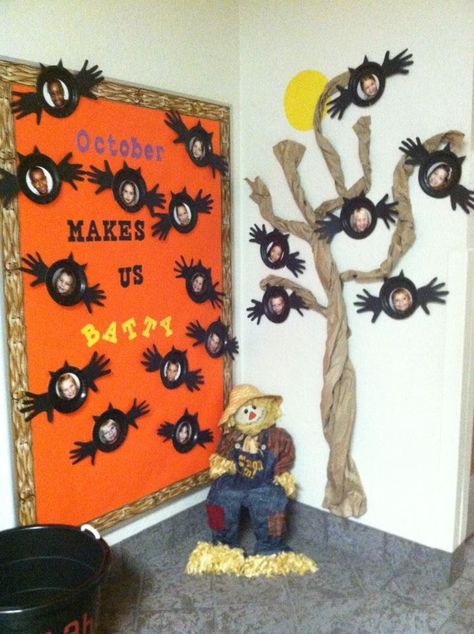 October bulletin board Diy Door Decorations, October Bulletin Board, October Bulletin Boards, Halloween Classroom Door, November Bulletin Boards, Door Bulletin Boards, Halloween Diy Door, Diy Door Decor, Thanksgiving Bulletin Boards