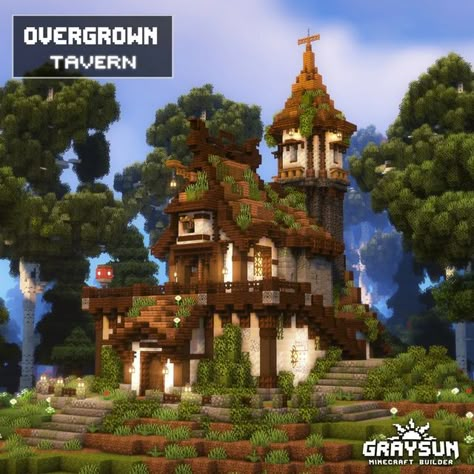 Minecraft Fantasy Village Layout, Elven Minecraft House, Minecraft Fantasy Tavern, Fantasy Town Minecraft, Minecraft Fantasy Base, Minecraft Tavern Build, Concept Art Minecraft, Minecraft Fantasy Interior, Minecraft Tavern Ideas