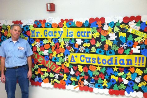 750 Thank you notes written by teachers, school workers and students for our school's custodian. Each classroom had their own color/shape combo to make it easier for each person to find their note. We did it during library time. The kids and Gary LOVED it! The bulletin board stayed up for WEEKS and afterwards the notes were put in a book for him. Bulletin Board Tree, School Custodian, Classroom Bulletin Boards, We Did It, Color Shapes, Thank You Notes, Go Fund Me, Bulletin Boards, Bulletin Board