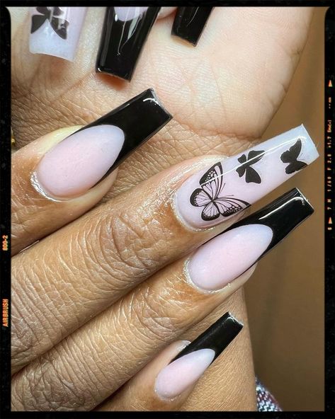 Acrylic Nails - Coffin Nails Black Acrylic Nails Coffin Butterfly, Acrylic Nails Black Butterflies, Pink And Black Butterfly Nails, Black Nails With White Butterflies, Black And Silver Butterfly Nails, Black Butterfly Nail Designs, Black Butterfly Acrylic Nails, Black Nails With Butterflies, Butterfly Nail Designs Acrylic