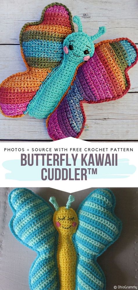 Butterfly Kawaii Cuddler™️ Free Crochet Pattern Kawaii Cuddler Crochet Pattern Free, Crochet Cuddlers, Kawaii Cuddler Crochet, Free Ragdoll Crochet Pattern, Crochet Cuddler Free Pattern, Crochet Ragdoll, Crochet Ragdoll Free Pattern, Crochet Butterfly Free Pattern, Crochet Butterfly Pattern