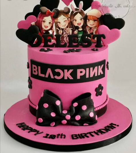 Black Pink Cookies, Blackpink Birthday Party Ideas, Black Pink Cake, Blackpink Cake, Blackpink Birthday, Bts Cake, Pink Birthday Cake, Inside Cake, Single Tier Cake