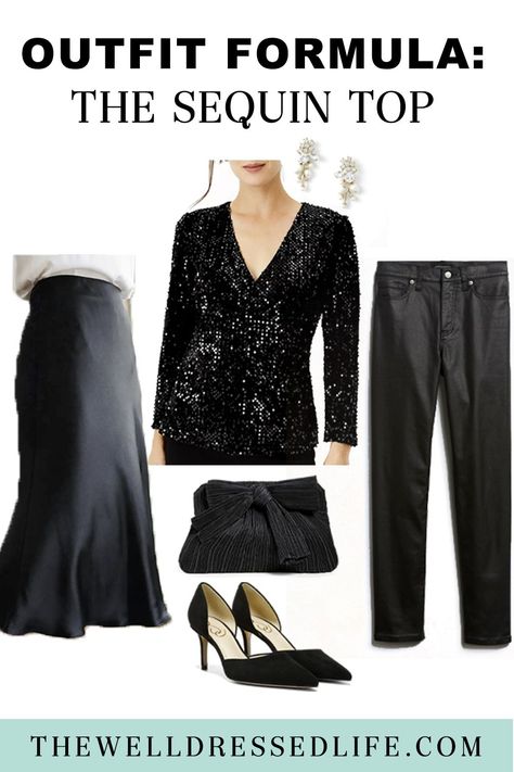 Outfit Formula: The Sequin Top Sequin Top And Jeans Outfit, Black Sleeveless Top Outfit, Black Sequin Top Outfit, Black Coat Pant, Sleeveless Top Outfit, Sequins Top Outfit, Clothing Wardrobe, Clothes Wardrobe, Cruise 2023