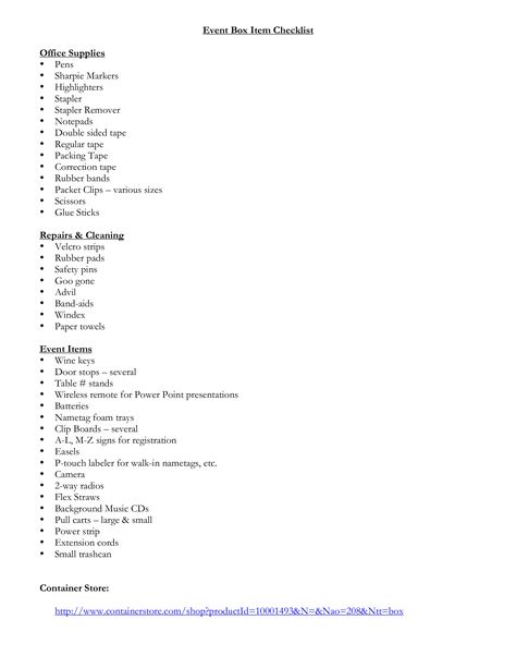 Event Box Items Checklist - How to create an event Box Items Checklist? Download this Event Box Items Checklist template now! Glory Box Checklist, Details Box Wedding List, Free Checklist Template, Corporate Event Checklist, Equipment Checklist Form, Wine Key, Correction Tape, Sharpie Markers, Checklist Template