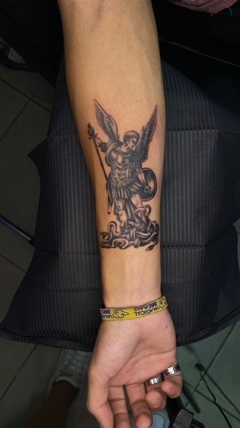 Jesus Forearm Tattoo, Cloud Tattoo Sleeve, St Michael Tattoo, Memorial Tattoo Ideas, Ink Tattoo Design, Red Tattoo Ideas, Red Ink Tattoo, Archangel Tattoo, Wolf Tattoo Sleeve