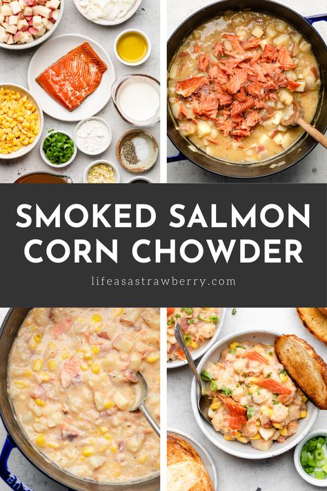 The best smoked salmon chowder - This easy salmon corn chowder is perfect for busy weeknights! With potatoes, canned or frozen corn, and smoked salmon in a simple, creamy soup. You can also use fresh or canned salmon if you like, or use coconut milk to make it dairy free! This is our favorite corn chowder recipe and the best way to use fresh Northwest salmon in the summer or fall. Top with crispy bacon for an extra punch of flavor! Smoked Salmon Corn Chowder, Smoked Salmon Chowder Recipe, Smoked Salmon Meal Ideas, Salmon Corn Chowder, Salmon Chowder Recipe, Smoked Salmon Chowder, Best Smoked Salmon, Salmon Chowder, Canned Salmon