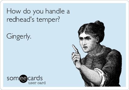 Funny Friendship Ecard: How do you handle a redhead's temper? Gingerly. Ginger Quotes, Ginger Problems, Ginger Jokes, Redhead Facts, Ginger Humor, Redhead Quotes, Jokes Humor, Red Hair Don't Care, Friendship Humor