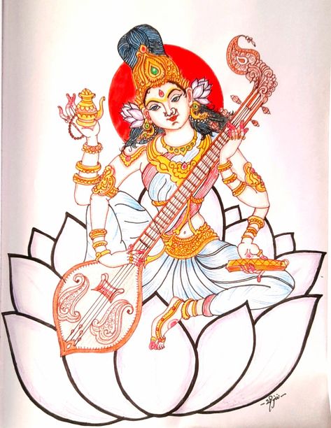 Sringeri Sharadamba, Figurative Sketches, Devi Painting, Hindu Artwork, Mata Saraswati, Pens Sketch, Ma Saraswati, Saraswati Picture, Maa Saraswati