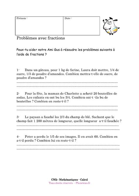 Exercice corrigé pour le CM2 : Problèmes avec fractions (2) Math Fractions, Exo