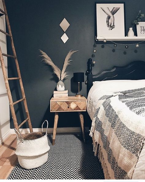 Bedroom with Farrow & Ball Downpipe accent wall. Scandinavian. Decorative ladder. Instagram @mygreyplace Accent Wall For Bedroom, Bedroom Boho Style, Boho Accent Wall, Navy Blue Bedroom Walls, Boho Teen Bedroom, Farrow And Ball Bedroom, Wall For Bedroom, Blue Bedroom Walls, Best Online Furniture Stores