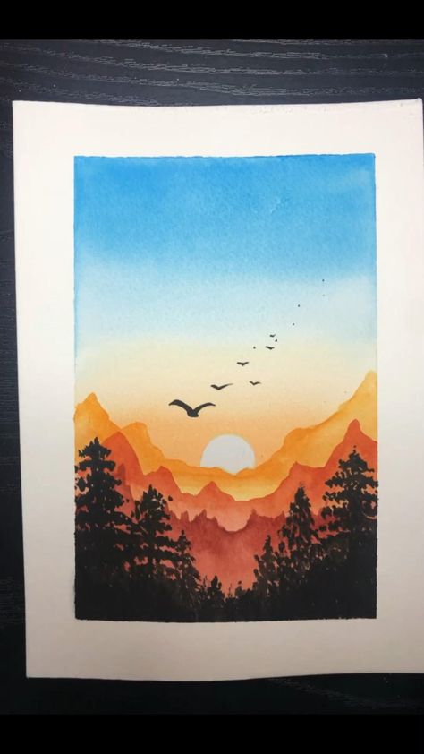 Water Colour Art Simple, Painting Water Colour Ideas, Watercolor Pictures Easy, Water Coloring Ideas Landscape, Simple Water Colour Landscape, Easy Landscape Painting For Beginners Watercolor, Watercolor Paint Night Ideas, Simple Watercolor Ideas For Beginners Landscape, Watercolor Art Silhouette