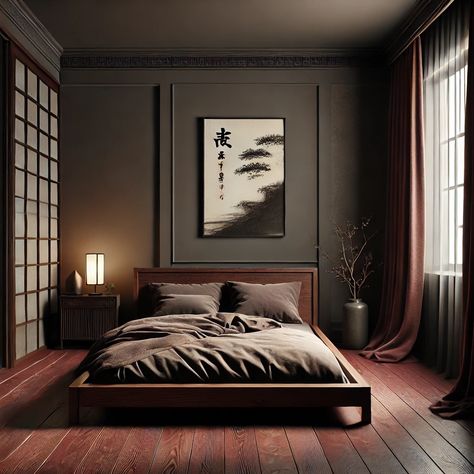 Japanese Bedroom Aesthetic Dark, Japan Aesthetic Bedroom Ideas, Dark Japanese Interior Design, Dark Japanese Bedroom, Dark Japandi Bedroom, Japanese Bedroom Aesthetic, Bedroom Japanese Style, Content Room, Bedroom Aesthetic Dark