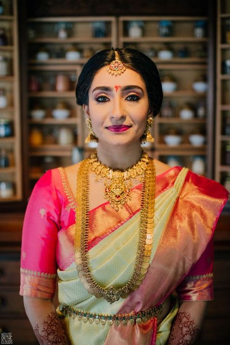 Gorgeous Goa Wedding With Stunning Kanjeevarams Brides In Saree, South Indian Wedding Hairstyles, Beat Making, Beaded Wedding Jewelry, Goa Wedding, Bridal Sarees South Indian, Neck Pieces Jewelry, Antique Necklaces Design, Wedding Saree Blouse Designs