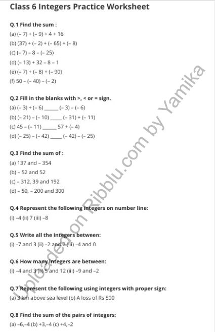 Worksheet for Class 6 Maths Integers – Chapter 6 Class 6 Maths Worksheet Ncert, 6th Class Maths Worksheets, Integers Worksheets 6th Grade, Grade 6 Math Worksheets, 7th Grade Math Worksheets, Math Integers, Maths Tricks, Maths Worksheet, Class 6 Maths